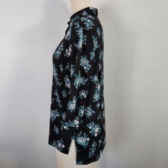 Simply Vera Wang Shirt Top Black Floral 3/4 Sleeve Split Open Back Women's L - Picture 4 of 13